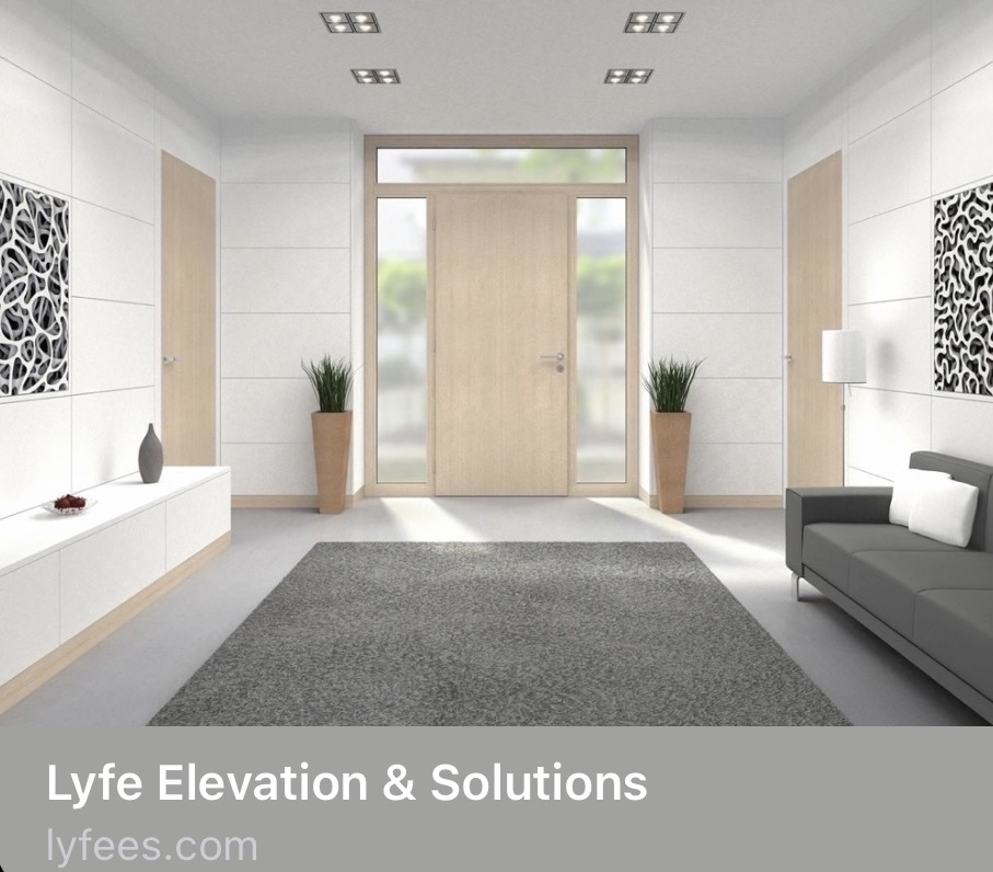 Modern living room entryway with wood doors, neutral décor, and the text “Lyfe Elevation & Solutions.”
