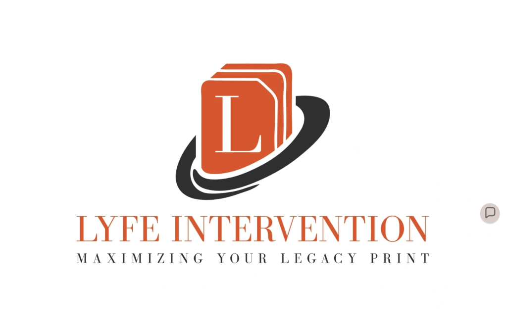 Logo for Lyfe Intervention featuring an orange stack of pages with a white “L” and a black swoosh.