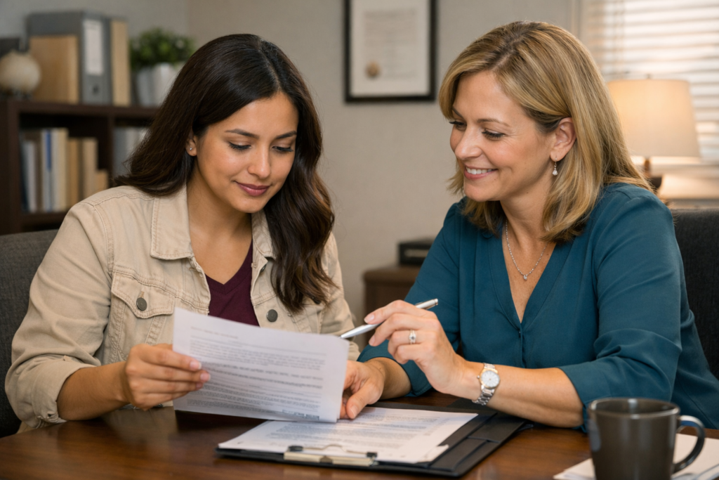 Two people sitting at a desk reviewing a document together in an office setting, suggesting a professional consultation.
